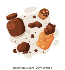 Chocolate set. Jar of chocolate spread, candies and bear shaped candy in foil packaging cartoon vector illustration