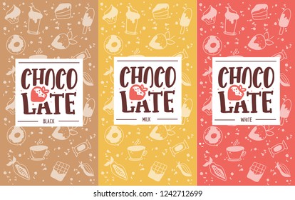 Chocolate set. Logotype, menu, shop window, label, sticker lettering typography. Set for banner, poster. Vector illustration EPS 10