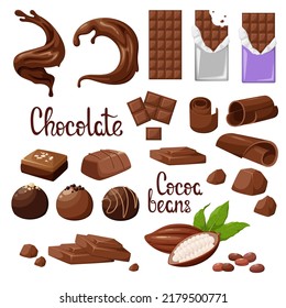 Juego de chocolate. Objetos en un fondo blanco. Bares, caramelos, chocolate caliente, alubias de cacao, rizos. Diseño de caricaturas.
