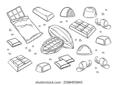 Chocolate set outline icons. Drawn candies, cocoa beans, chips and chocolate bar for confectionery shop. Illustration.