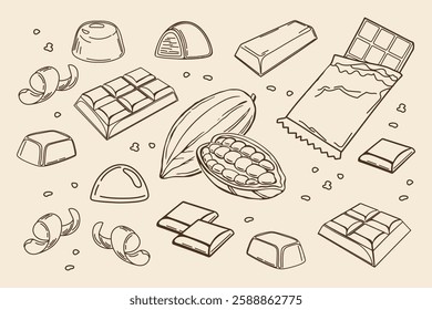 Chocolate set outline icons. Drawn candies, cocoa beans, chips and chocolate bar for confectionery shop.Illustration in sketch retro style