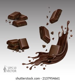 Chocolate set. Slices with crumbs, liquid chocolate, dark chocolate, splashes, pieces and chocolate shavings, cocoa, food. 3d realistic vector illustration