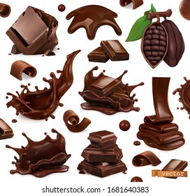 Chocolate set. Splashes, pieces and chocolate shavings, cocoa bean. 3d realistic vector objects. Food illustration