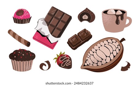 Chocolate Set. Stickers with chocolate bar, cocoa beans and sweet candies. Cartoon flat vector collection isolated on white background