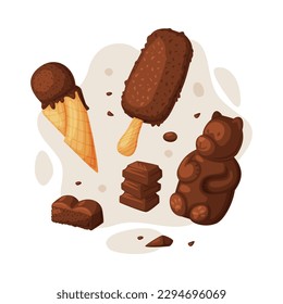 Chocolate set. Various tasty sweets and candies cartoon vector illustration