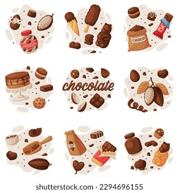 Chocolate set. Various chocolate tasty sweets and candies cartoon vector illustration