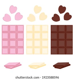 Chocolate set. White, pink and dark chocolate. Chocolate bars,  cubes and  hearts. Vector illustration.