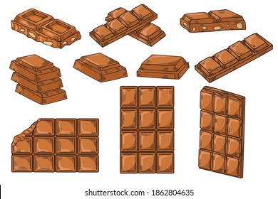 Chocolate set. Whole chocolate bar, pieces of chocolate, chocolate with nuts in isolate on a white background.Vector illustration.