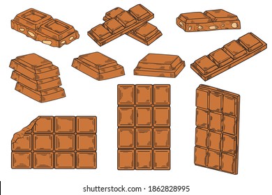 Chocolate set. Whole chocolate bar, pieces of chocolate, chocolate with nuts in isolate on a white background.Vector illustration.