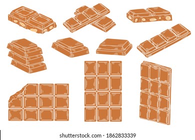 Chocolate set. Whole chocolate bar, pieces of chocolate, chocolate with nuts in isolate on a white background.Vector illustration.