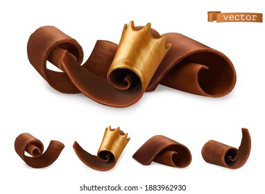 Chocolate shavings with gold crown 3d realistic set. Vector objects food illustration