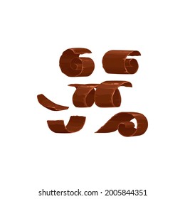 Chocolate shavings or pieces of sweet food isolated 3D realistic icon. Vector cocoa choco production, sweet dessert, curls for cake decoration, brown delicious cuttings of homemade bitter chocolate