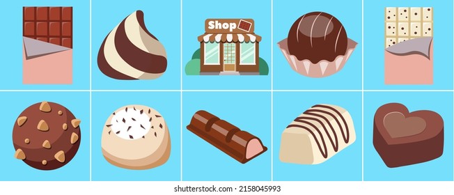 Chocolate shop. Different types of chocolate bars. Vector illustration set of chocolates. Wide selection of chocolate sweets of various forms with different fillings and toppings. Milk and dark.