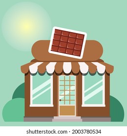 Chocolate shop front view. Vector illustration. Store facade. Chocolaterie. Retro desigh shop. Shop with glass window. Store desigh. Brown and green colors. Store and bushes. Sunny day. 