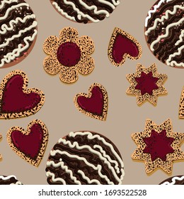 Galletas de chocolate y de pan corto vectorial sin fisuras para la decoración, los fondos, el embalaje.