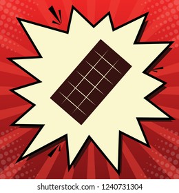 Chocolate sign. Vector. Dark red icon in lemon chiffon shutter bubble at red popart background with rays.