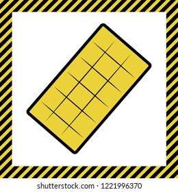 Chocolate sign. Vector. Warm yellow icon with black contour in frame named as under construction at white background. Isolated.