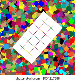 Chocolate sign. Vector. White icon on colorful background with seamless pattern from squares.