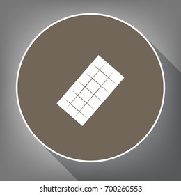 Chocolate sign. Vector. White icon on brown circle with white contour and long shadow at gray background. Like top view on postament.