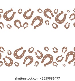 Chocolate silhouette of lucky horseshoe. Seamless horizontal border. Border of two coffee-colored stripes. Place for text. Endless vector pattern. Isolated colorless background. Flat style. 