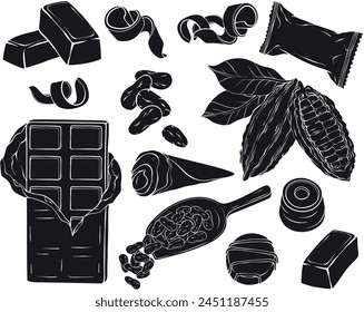 Conjunto de silueta de chocolate. Caramelos, frijoles de cacao, papas fritas y Ilustración vectorial de barras de chocolate