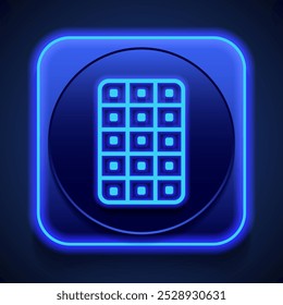 Chocolate simple icon, vector. Flat design. Blue neon style on button. With shadow.ai