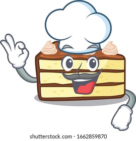 Chocolate Slice Cake Cartoon Character Working As A Chef And Wearing White Hat