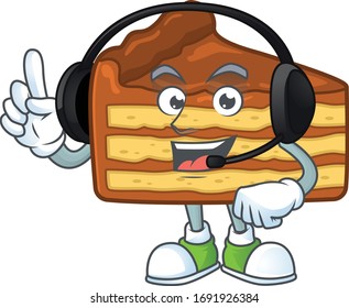 Chocolate slice cake cartoon character style speaking on headphone