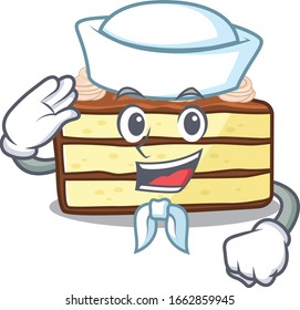Chocolate slice cake cartoon concept Sailor wearing hat