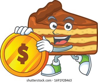 Chocolate slice cake rich cartoon character have big gold coin