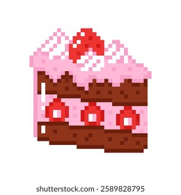 Chocolate slice of cake with whipped cream and strawberries in pixel style. Hand drawn vector illustration for retro-themed projects and celebrations.