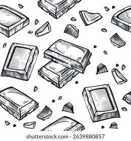 Chocolate, chocolate slices and pieces, chocolate bar, all objects are hand drawn in vector in dark gray. Seamless vector pattern. Suitable for printing on fabric, paper, for packaging goods.