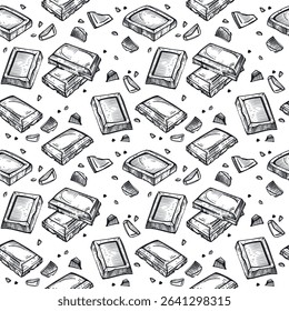 Chocolate, chocolate slices and pieces, chocolate bar, all objects are hand drawn in vector in dark gray. Seamless vector pattern. Suitable for printing on fabric, paper, for packaging goods.
