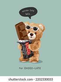 chocolate slogan with bear doll holding chocolate bar vector illustration