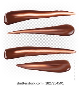 El chocolate manchó largas rayas. Crema de chocolate líquido, ganache. Cosméticos, postre. Establezca la ilustración vectorial aislada en el fondo blanco.