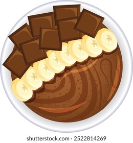 Chocolate Smoothie Bowl with Chocolate Pieces and Banana Slices Toppings. Cacao Shake Top View Vector Art 