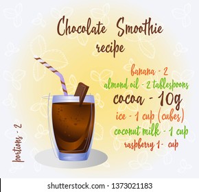 Chocolate smoothie recipe. Fresh organic smoothie ingredients. Health or detox diet food concept.