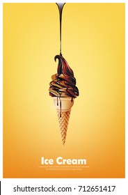 Chocolate soft ice cream cone, Pour melted chocolate syrup, Vector illustration