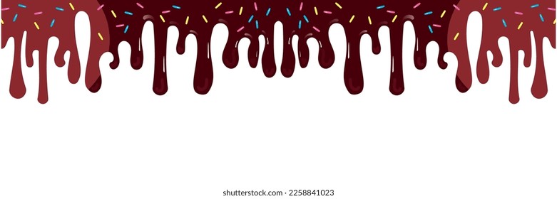 Chocolate soft ice cream, sweet candy splashes, delicious waffles. long border, seamless banner pattern, vector.