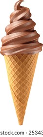 Chocolate soft ice cream waffled cone in white background.