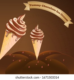 chocolate soft serve ice cream ads, realistic soft serve  delicious chocolate for summer in 3d illustration