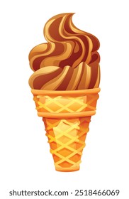 Chocolate soft serve ice cream in a waffle cone. Vector cartoon illustration