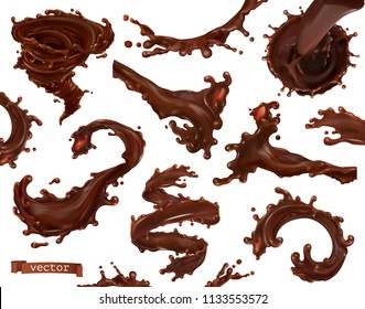 Chocolate splash. 3d realistic vector set