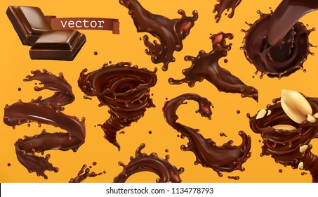 Chocolate Splash. 3d Realistic Vector Icon Set