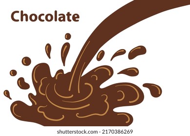 Chocolate splash banner. Dairy splashes, dark creamy liquid drops. Fresh farm food, Chocolate flow element. Flat Chocolateshake wave recent vector poster. product background. Vector illustration