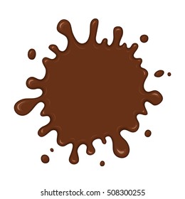 Chocolate splash blot with drops. Chocolate blot with melting effect. Vector abstract spot on white background.