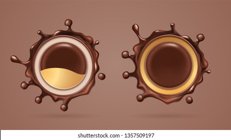 Schokoladensplash oder Kakaoblätter, Tropfen. Einzeln realistische schwarze Choco Splatte oder brauner Bauch. Süßwaren, fleckiger Hintergrund, dunkle Flüssigkeitstempel. Melt Dessert und Essen, Leck-Kaffee-Thema