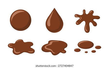 Chapoteo del chocolate y sistema del icono de la gota aislado en el fondo blanco para el diseño de la comida y del postre