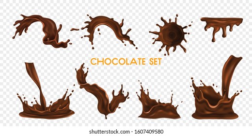 Chocolate splash and drop realistic transparent set isolated vector illustration