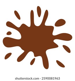 chocolate splash, flat chocolate splash. chocolate splash with drops, bubbles and blots. Melting liquid fluid crown drops. Isolated on white background. Vector illustration
